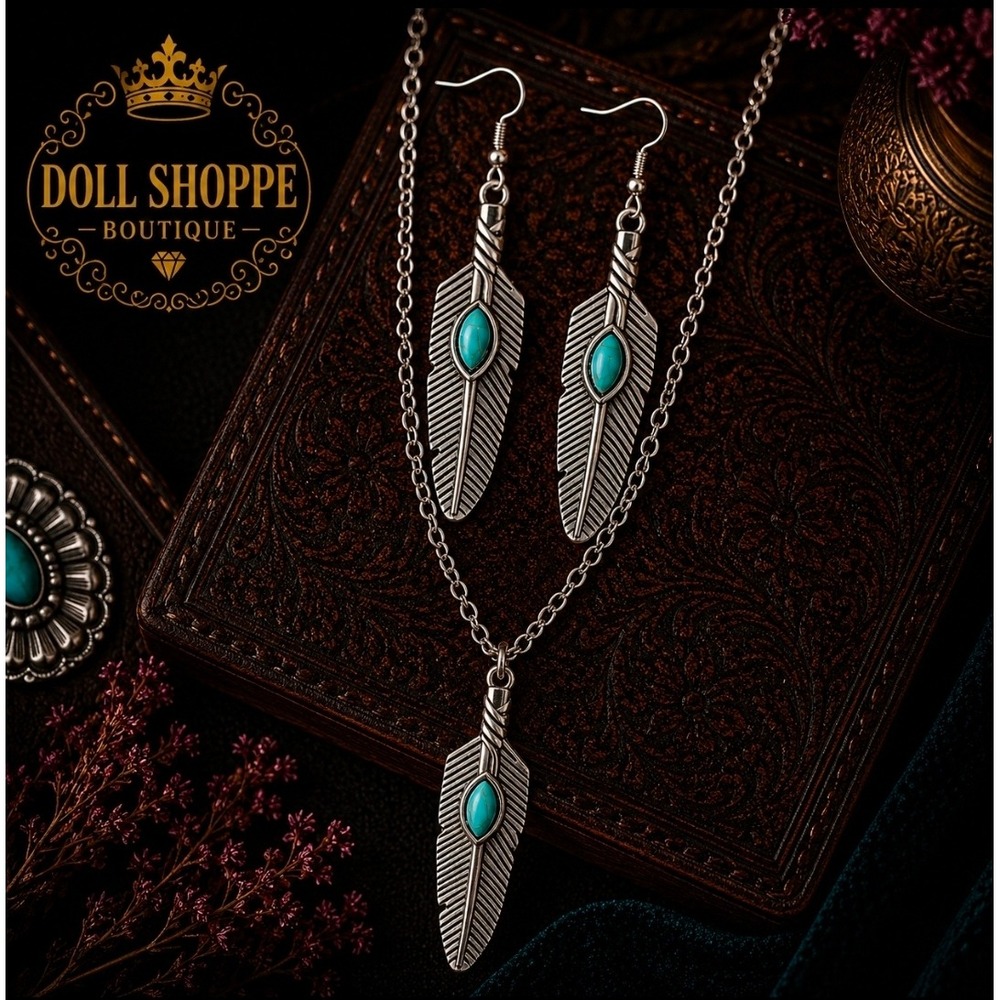 Silver Feather Turquoise Necklace & Earring Set